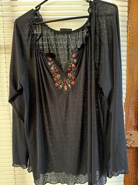 Fashion Bug Black Long-Sleeve Top with Floral Embroidered V-Neck